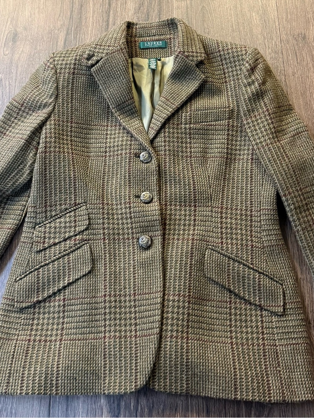 Lauren Ralph Lauren Brown Glen Plaid Wool Blend Blazer Suede Padded Elbows 12P